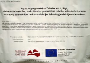 Projekts Nr. 8.1.2.0/18/I/008 “Rīgas Angļu ģimnāzijas Zvārdes ielā 1, Rīgā, piebūves būvniecība, nodrošinot ergonomiskas mācību vides ierīkošanu un inovatīvu informācijas un komunikācijas tehnoloģiju risinājumu ieviešanu”