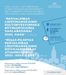 2020.gada 1.oktobrī Rīgas domes Īpašuma departaments rīko semināru par pašvaldības līdzfinansējuma programmām: Pašvaldības līdzfinansējums kultūrvēsturiskā būvmantojuma saglabāšanai 2021.gadā (1.daļa) un Rīgas pašvaldības līdzfinansējums dzīvojamo māju atjaunošanai 2021.-2022.gadā (2.daļa). Norises vieta: VEF Kultūras pils Maksimālais klātienes dalībnieku skaits: 70 cilvēki Norises laiks: 13.00-15.00 (1.daļa) 15.00-16.30 (2.daļa) Reģistrācija uz dalību seminārā klātienē pa tālruni 67012061 vai pa e-pastu: atjauno@riga.lv; Reģistrācija uz dalību semninārā ATTĀLINĀTI pa e-pastu atjauno@riga.lv www.atjauno.riga.lv