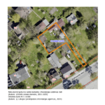 Ortofoto karte ar dzīvojamo apbūvi Kalnciema ielā, Rīgā; īpašums ar numuru “01000812070” izcelts ar oranžu kontūru, redzami arī citi apzīmējumi, piemēram, 171, 171A, 171B un 175