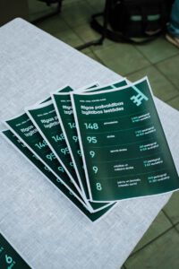 Uz galda sakrauta zaļu un baltu bukletu kaudze ar informāciju par Rīgas pašvaldības izglītības iestādēm 2023.–2024. mācību gadam