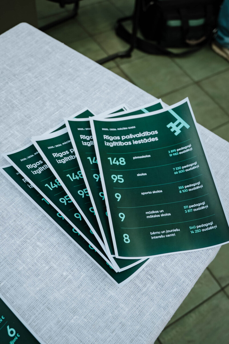 Uz galda sakrauta zaļu un baltu bukletu kaudze ar informāciju par Rīgas pašvaldības izglītības iestādēm 2023.–2024. mācību gadam