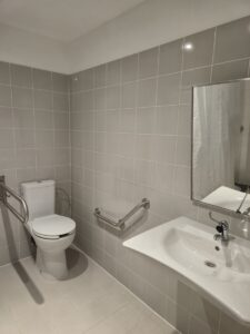 Vannas istaba ar gaiši pelēkām flīzēm uz sienām, balta izlietne ar krānu un spoguli labajā pusē, tualetes pods kreisajā pusē, pie sienas uzstādīti metāla rokturi