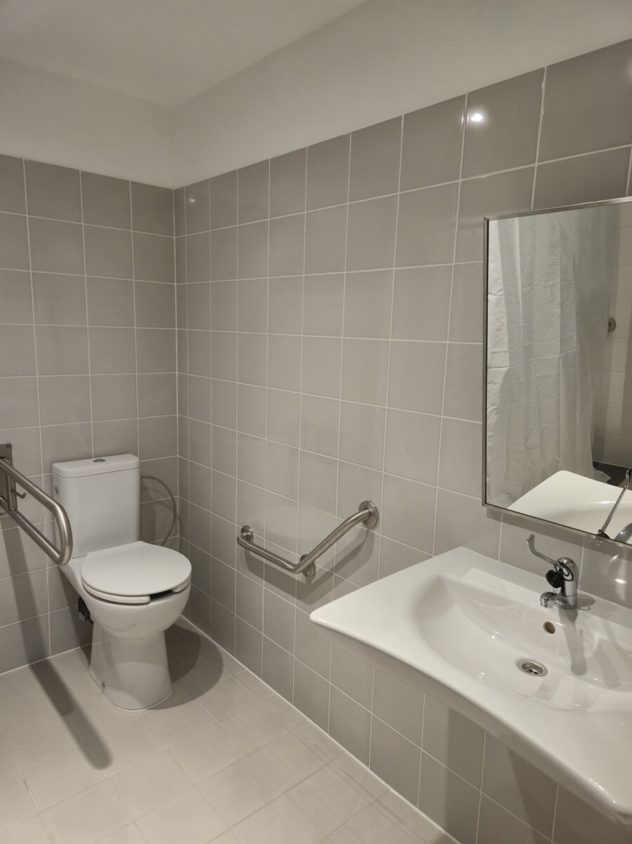 Vannas istaba ar gaiši pelēkām flīzēm uz sienām, balta izlietne ar krānu un spoguli labajā pusē, tualetes pods kreisajā pusē, pie sienas uzstādīti metāla rokturi