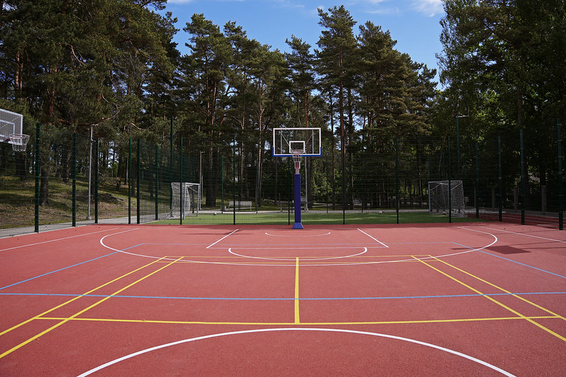 Āra basketbola laukums ar segumu un iezīmētām līnijām, fonā priežu mežs