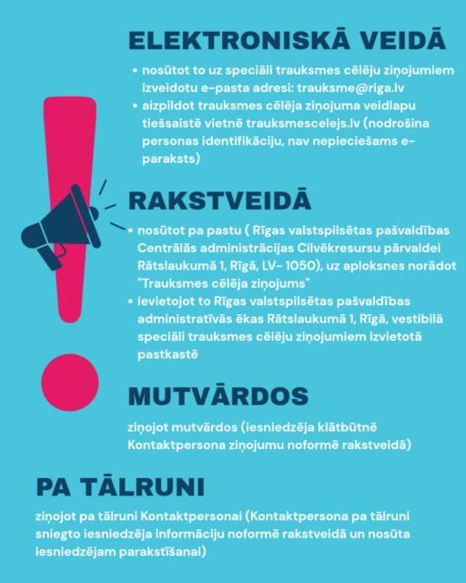 Infografika par trauksmes celšanas ziņojuma iesniegšanas iespējām: elektroniski, nosūtot e-pastu uz trauksme@riga.lv vai aizpildot veidlapu vietnē trauksmescelejs.lv; rakstveidā pa pastu vai ievietojot ziņojumu speciālā pastkastē; mutvārdos, sazinoties ar kontaktpersonu; vai pa tālruni, pēc tam noformējot ziņojumu rakstveidā.