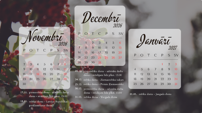 Darba laiks novembrī, decembrī un 2027.g. janvārī